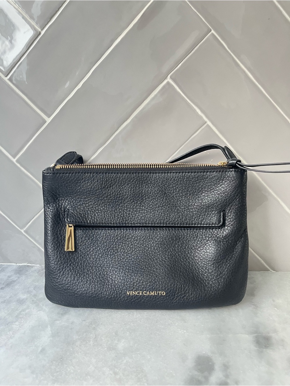 Vince Camuto Black Pebbled Leather Crossbody with Gold Hardware